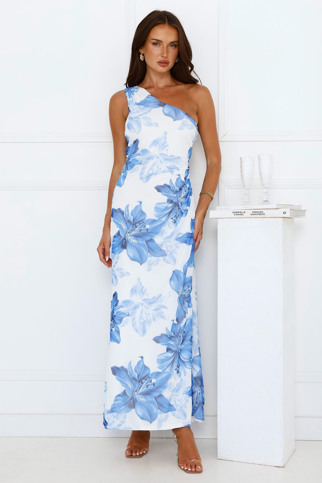 Blueberry Breeze One Shoulder Mesh Maxi Dress Blue