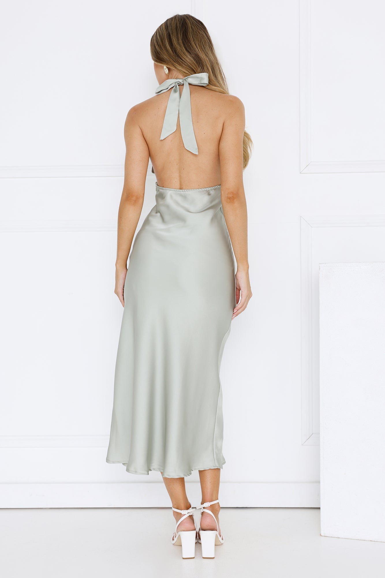 Suki Satin Halter Midi Dress Sage
