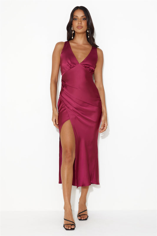Accepting You Satin Midi Dress Plum