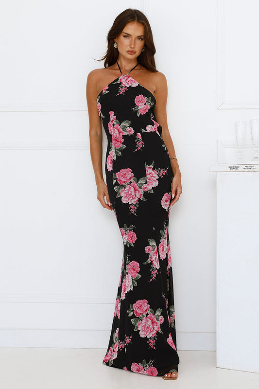 Blossom Beauty Halter Maxi Dress Black