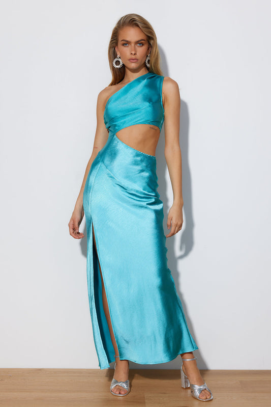 Poker Faced Satin Maxi Dress Aqua
