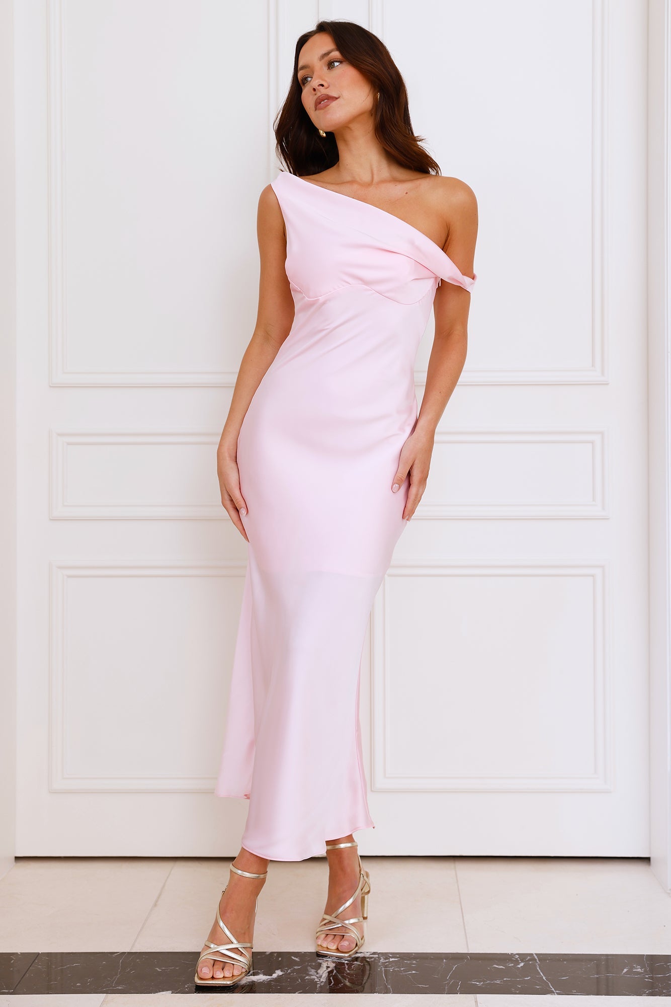 Stylish Season Off Shoulder Satin Midi Dress Light Pink