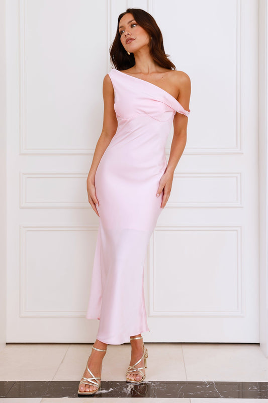 Stylish Season Off Shoulder Satin Midi Dress Light Pink
