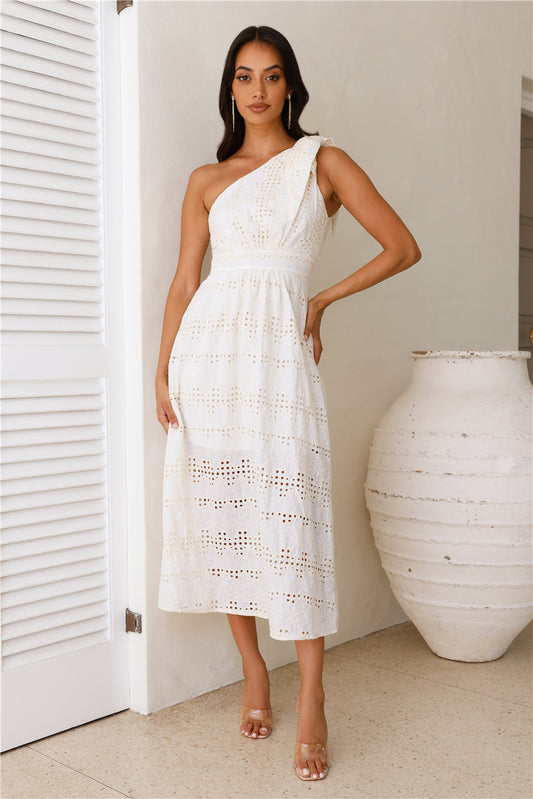 Springtime Chic One Shoulder Midi Dress White