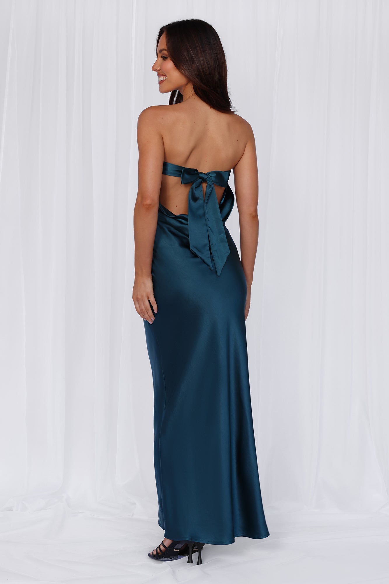 The Felicity Strapless Satin Maxi Dress Teal