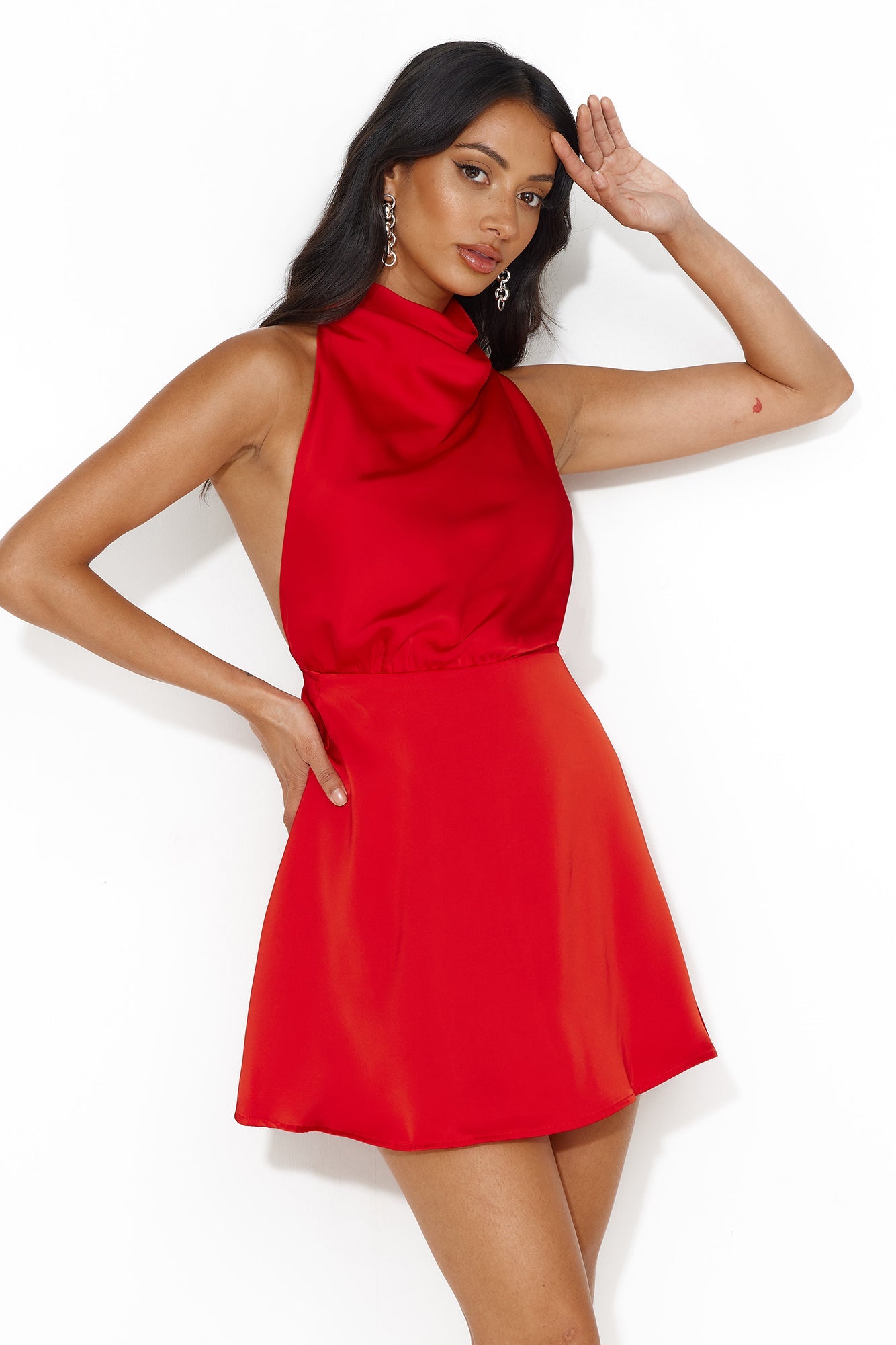 Romantic Location Satin Halter Mini Dress Red