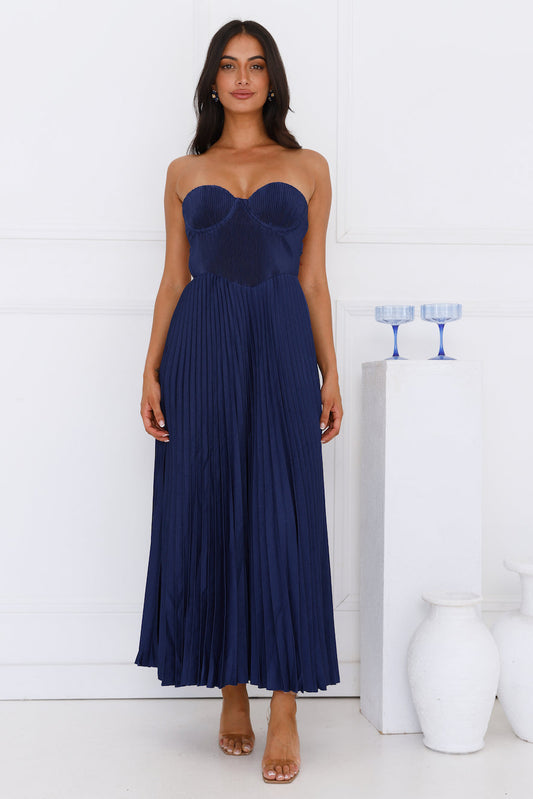 Sunflower Serenity Plisse Maxi Dress Navy