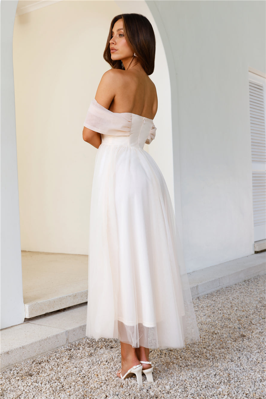 Something New Off Shoulder Tulle Midi Dress Beige
