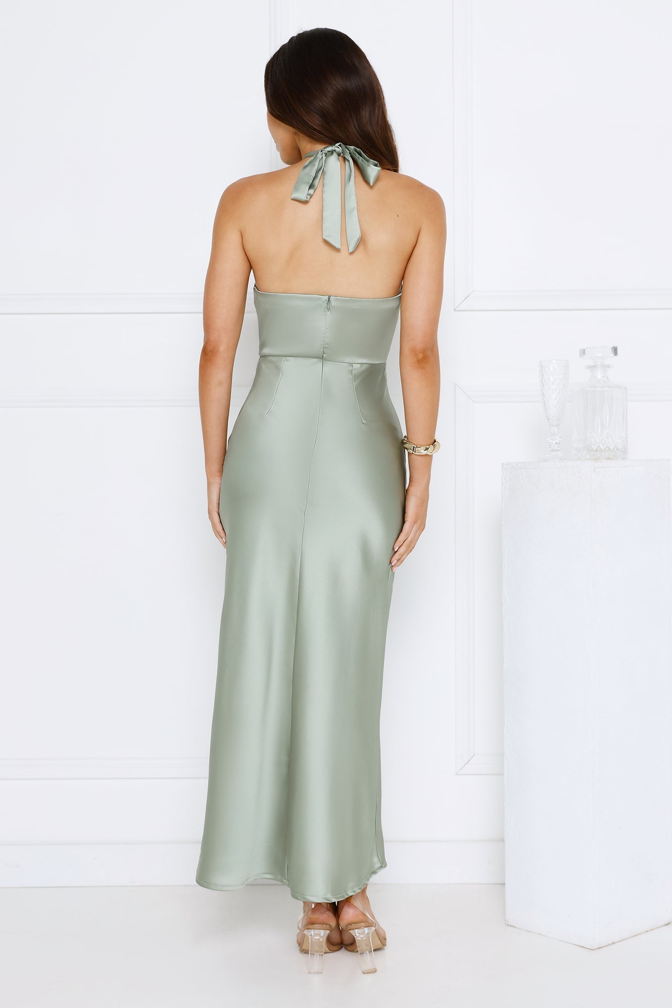 Essence of Style Halter Satin Maxi Dress Sage