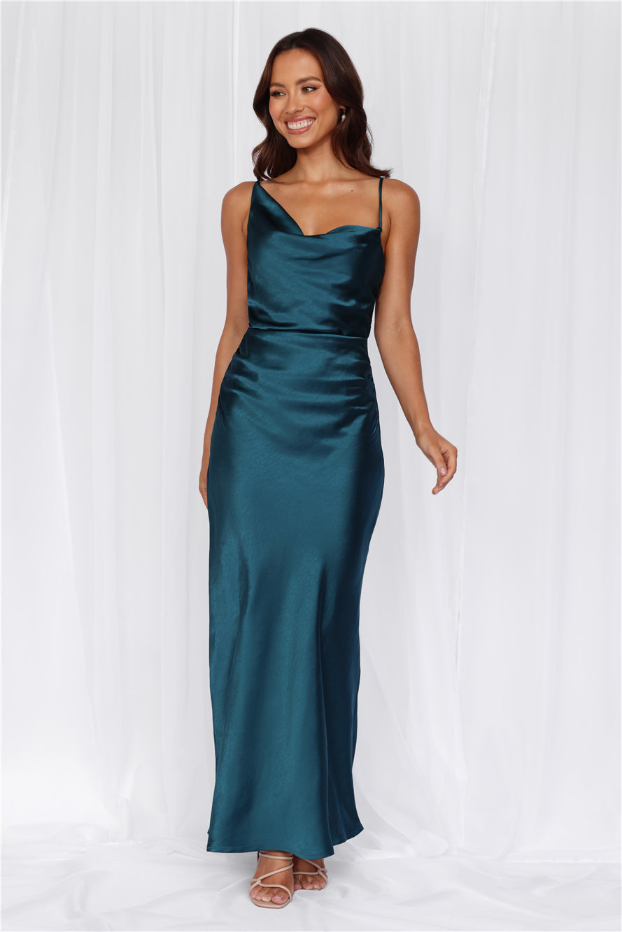 HELLO MOLLY The Madeline Cowl Satin Maxi Dress Teal