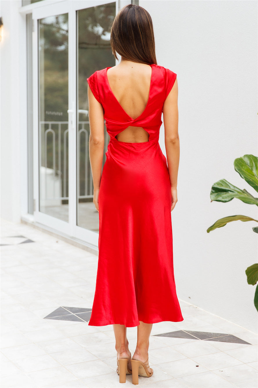 Get In Formation Satin Midi Dress Red