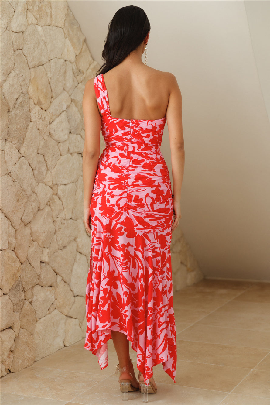Palm Trees Around One Shoulder Maxi Dress Pink
