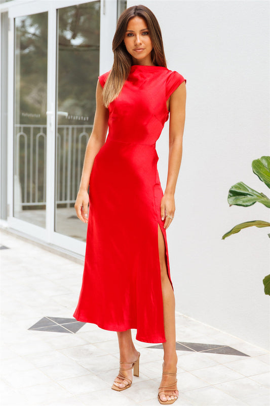 Get In Formation Satin Midi Dress Red