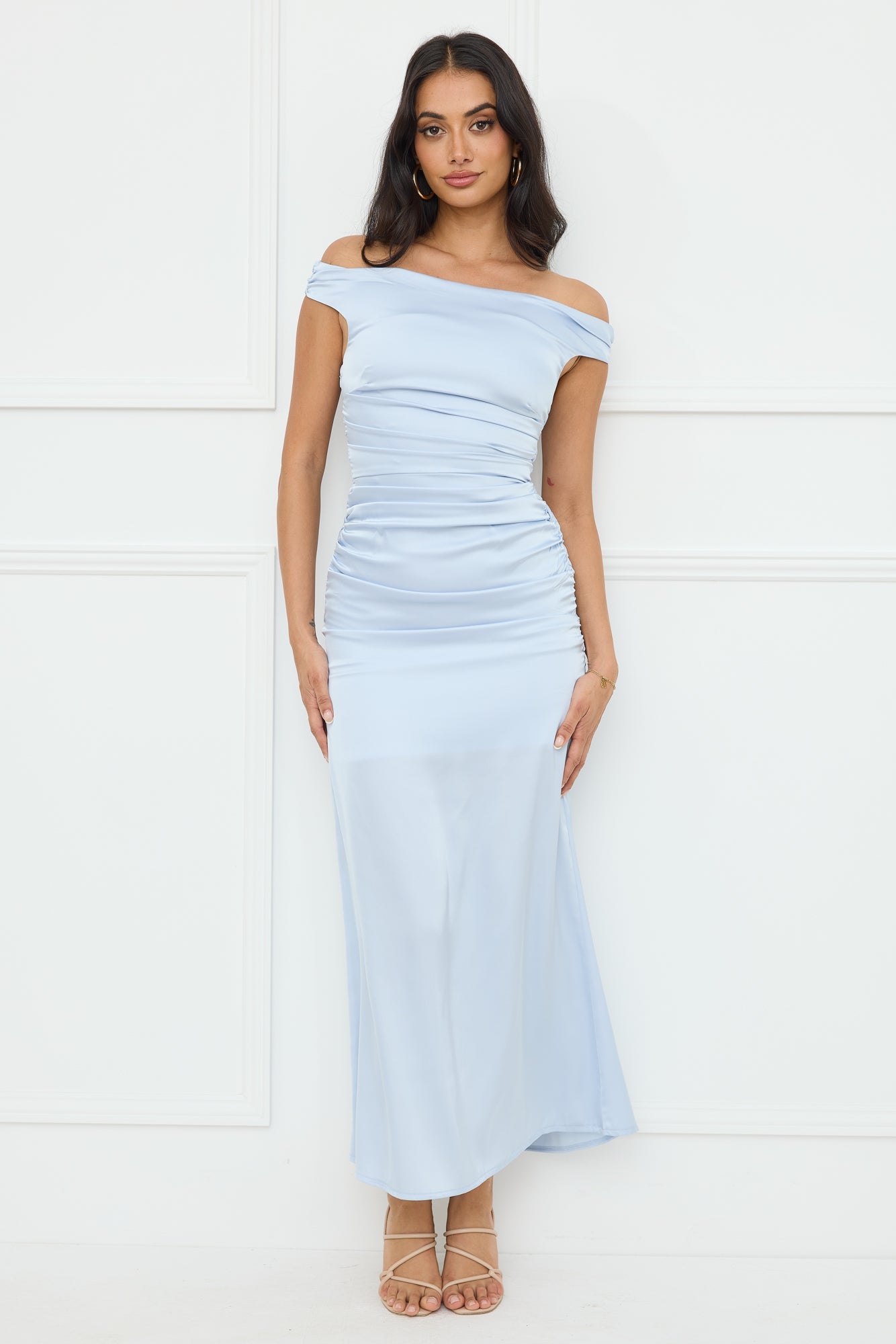 Polished Radiance Off Shoulder Satin Maxi Dress Blue