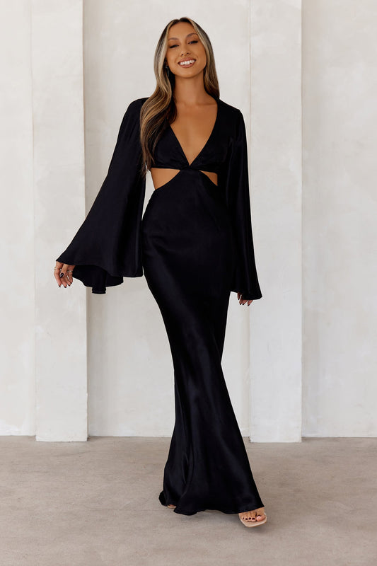 Twilight Goddess Satin Long Sleeve Maxi Dress Black