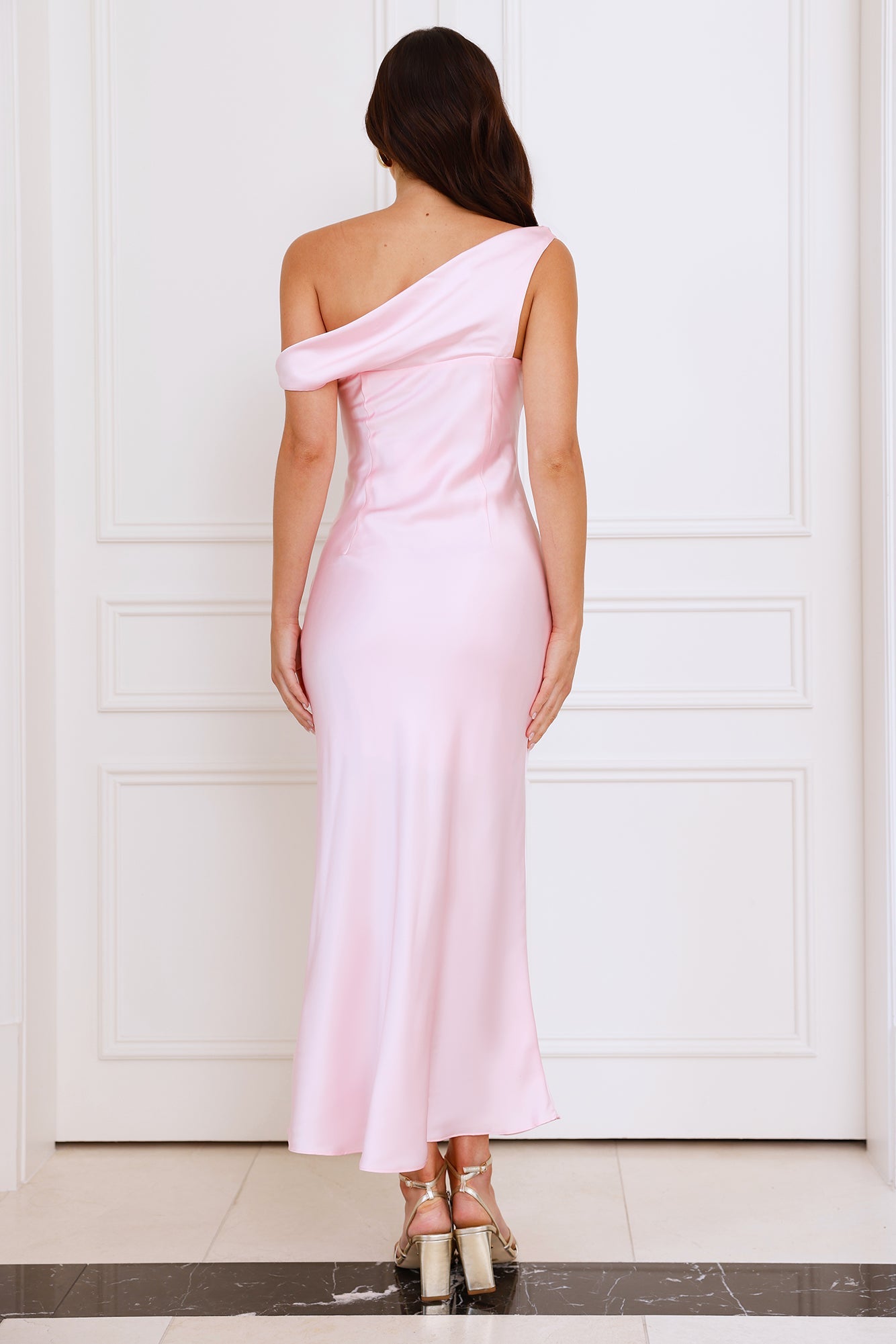 Stylish Season Off Shoulder Satin Midi Dress Light Pink