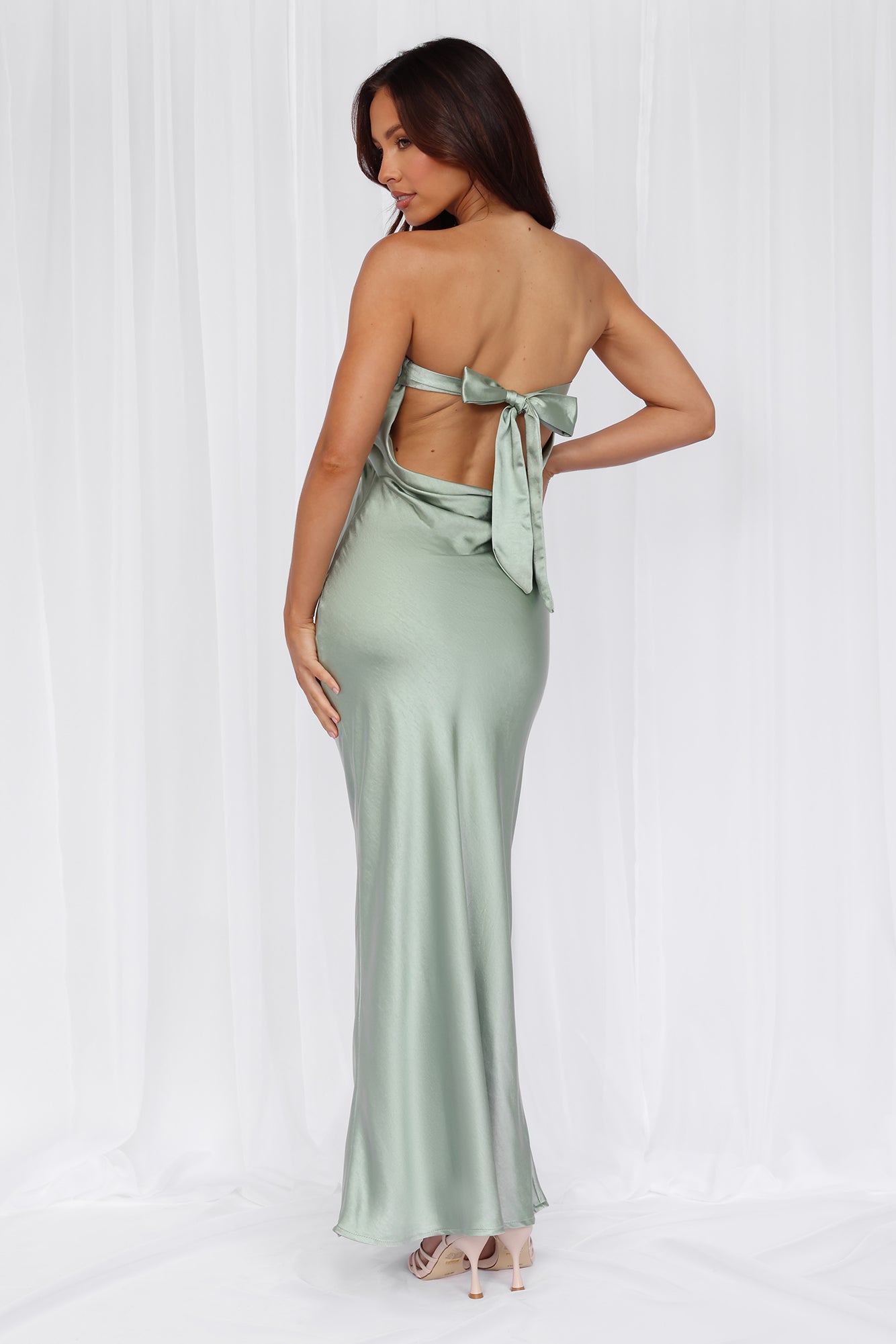 The Felicity Strapless Satin Maxi Dress Sage