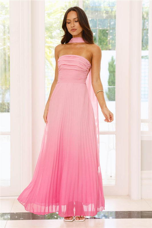 Love Loft Strapless Pleated Maxi Dress Pink