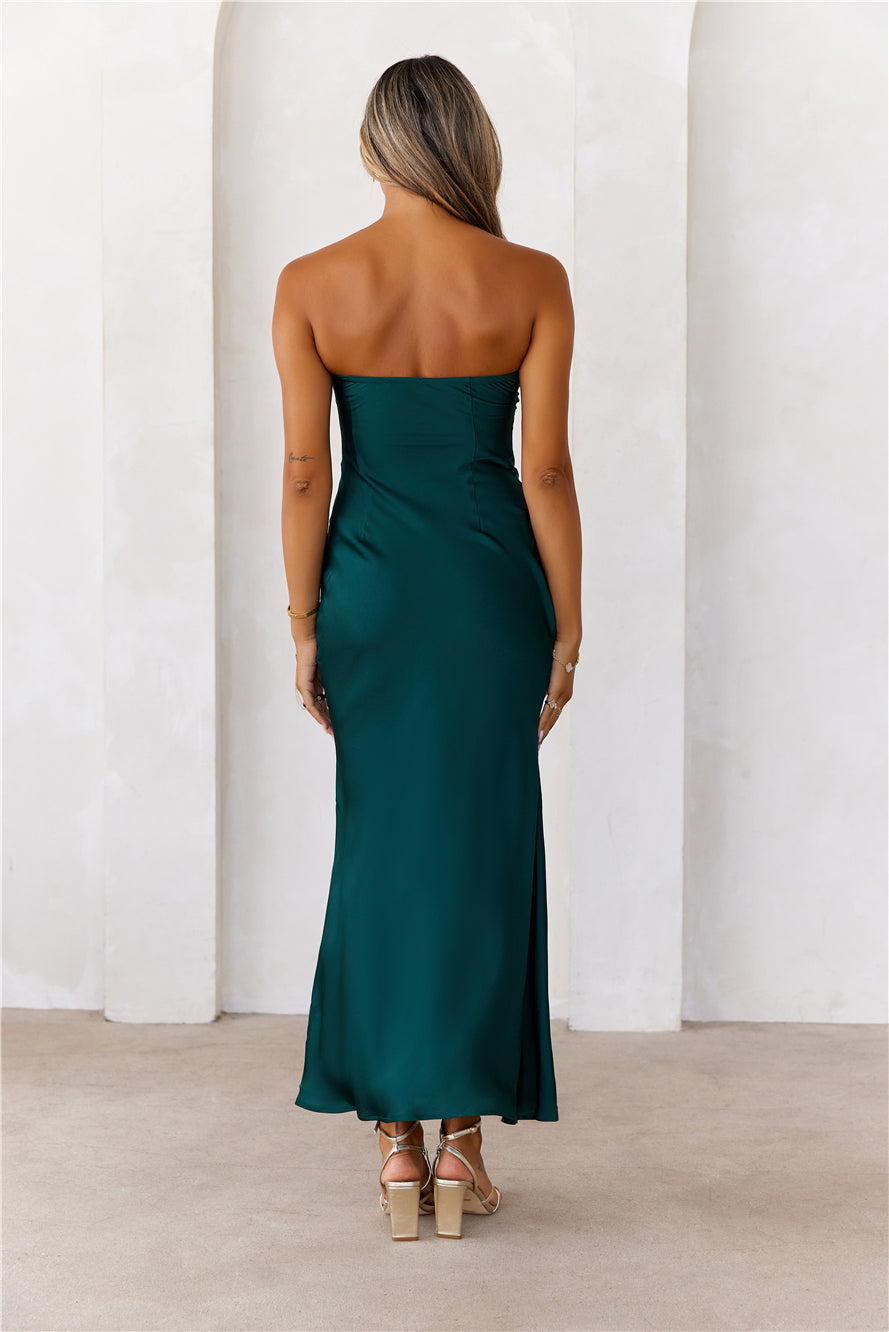 Style At Nightfall Satin Strapless Midi Dress Green