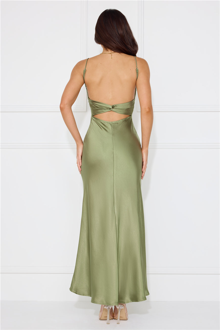 Silk Shimmers Satin Maxi Dress Olive