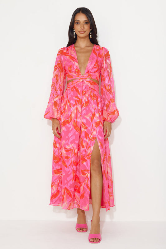Season Vibrance Long Sleeve Maxi Dress Pink